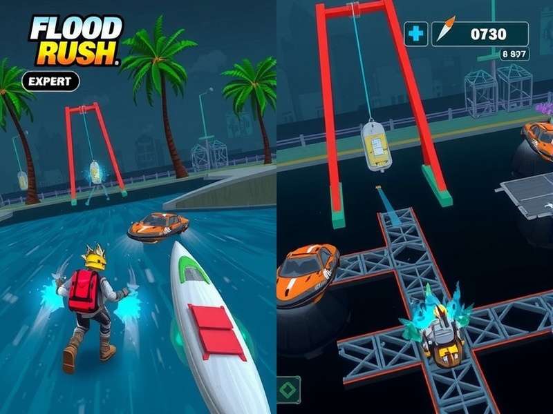 Flood Rush Expert gameplay screenshot showing character navigating floodwaters