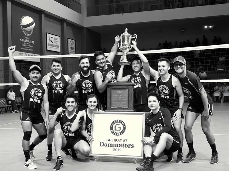 Gujarat Volley Dominators celebrating with championship trophy