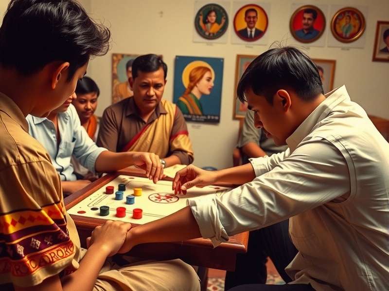 Vintage illustration of people playing carrom in traditional setting