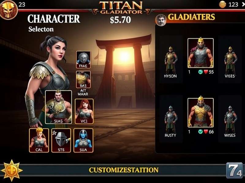 Titan Gladiator character selection screen showing various warrior types