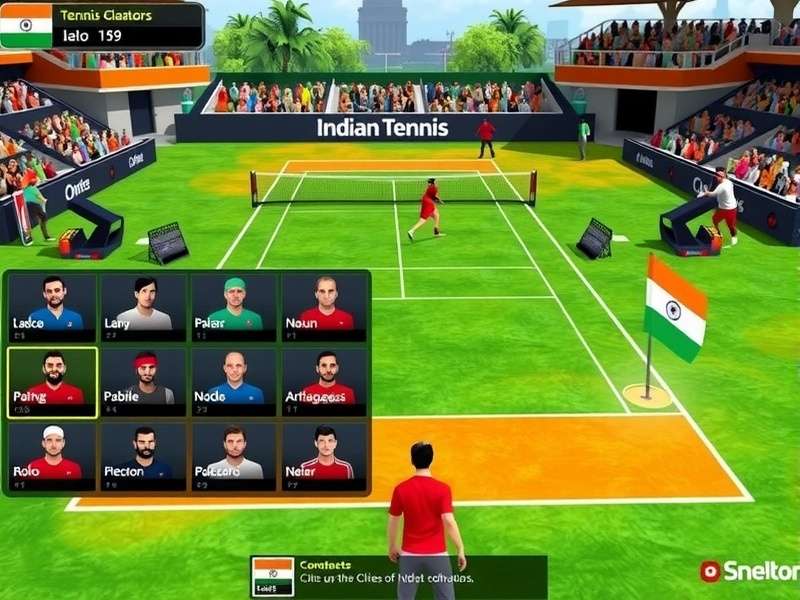 Indian Tennis Gladiators gameplay screenshot showing virtual tennis court with Indian-themed design elements