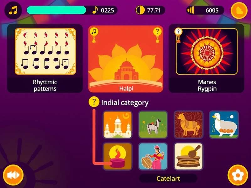 Melodic Masti gameplay screenshot showing rhythmic patterns and Indian musical elements