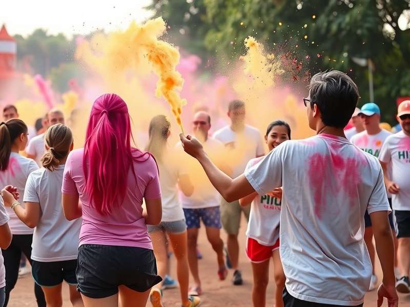 Participants celebrating Joyful Color Run with colored powders