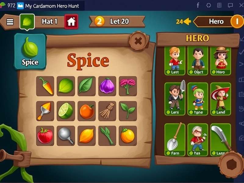 Cardamom Hero Hunt resource management interface showing various farming tools and hero upgrades