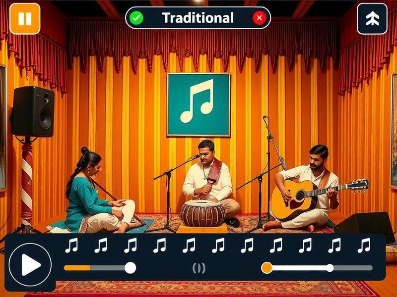 Traditional Tunes Turbo gameplay interface showing rhythm notes and Indian instruments