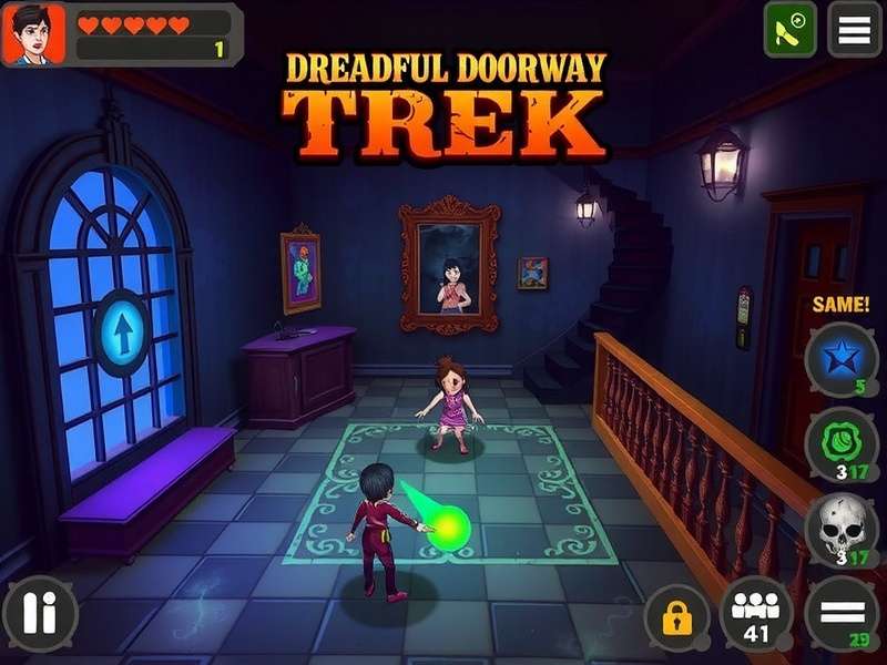 Dreadful Doorway Trek gameplay screenshot showing haunted mansion environment