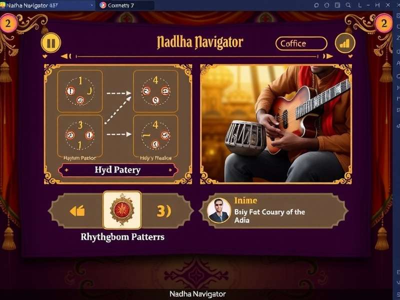Nadha Navigator gameplay interface showing rhythm patterns and Indian musical elements