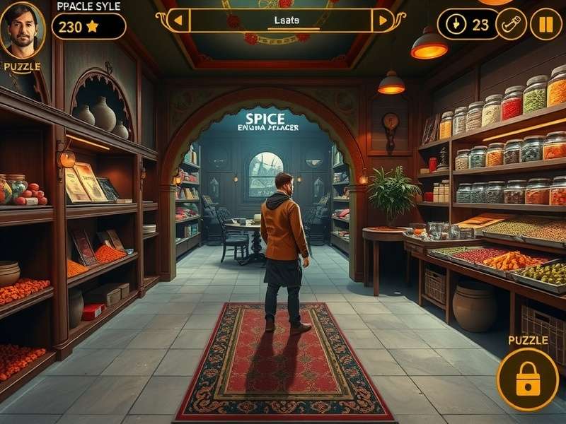 Spice Enigma Explorer gameplay showing character in Indian spice market