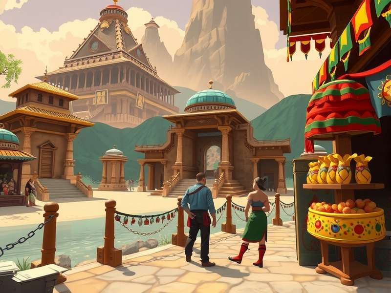 Ancient Wayfarer S Quest character interacting with NPC in vibrant market