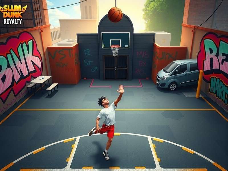 Slum Dunk Royalty gameplay showing urban basketball court with vibrant graffiti
