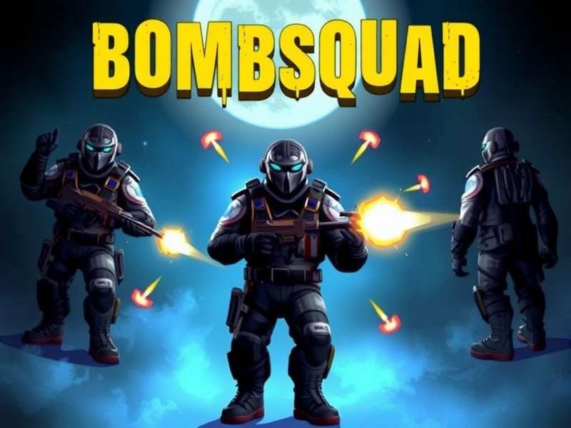 BombSquad PC gameplay screenshot showing characters in a chaotic ice arena with bombs and power-ups