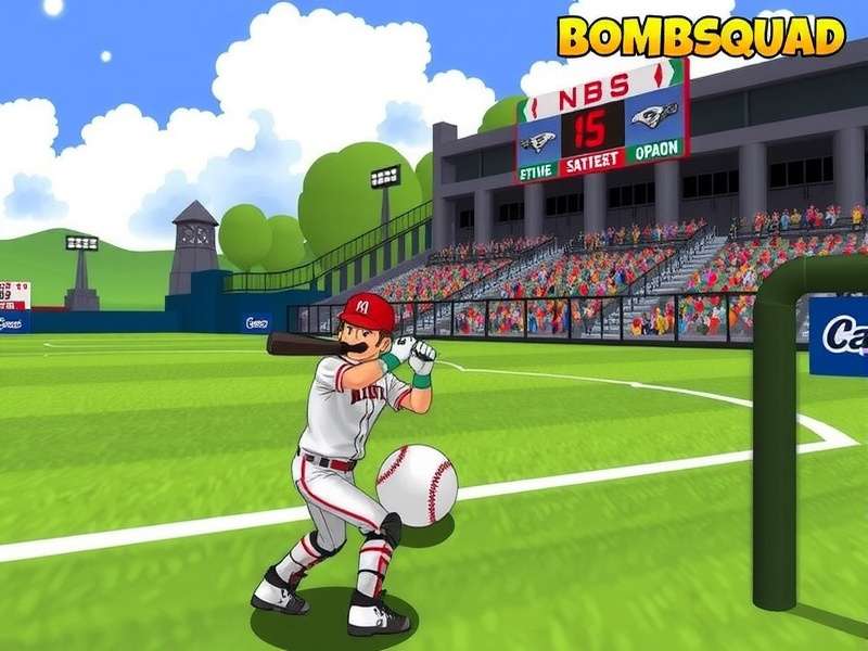 Dynamic in-game action screenshot of Bombsquad Baseball showing a batter hitting a ball with explosive visual effects