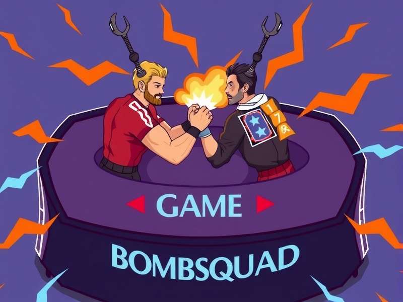 A person's hand holding a smartphone displaying a vibrant arm wrestling game interface, with intense visual effects.