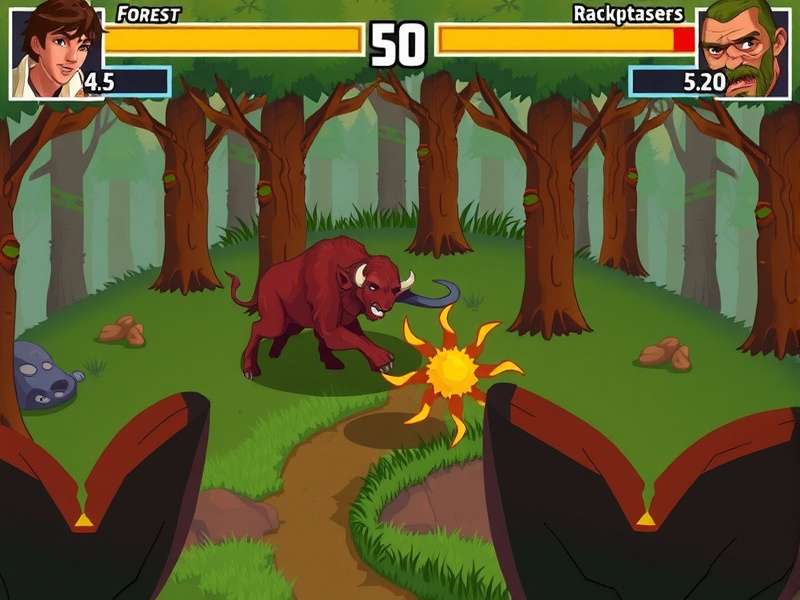 Bison Brawl Forest Fight arena in BombSquad — dense forest with bison-themed obstacles and bomb blast zones